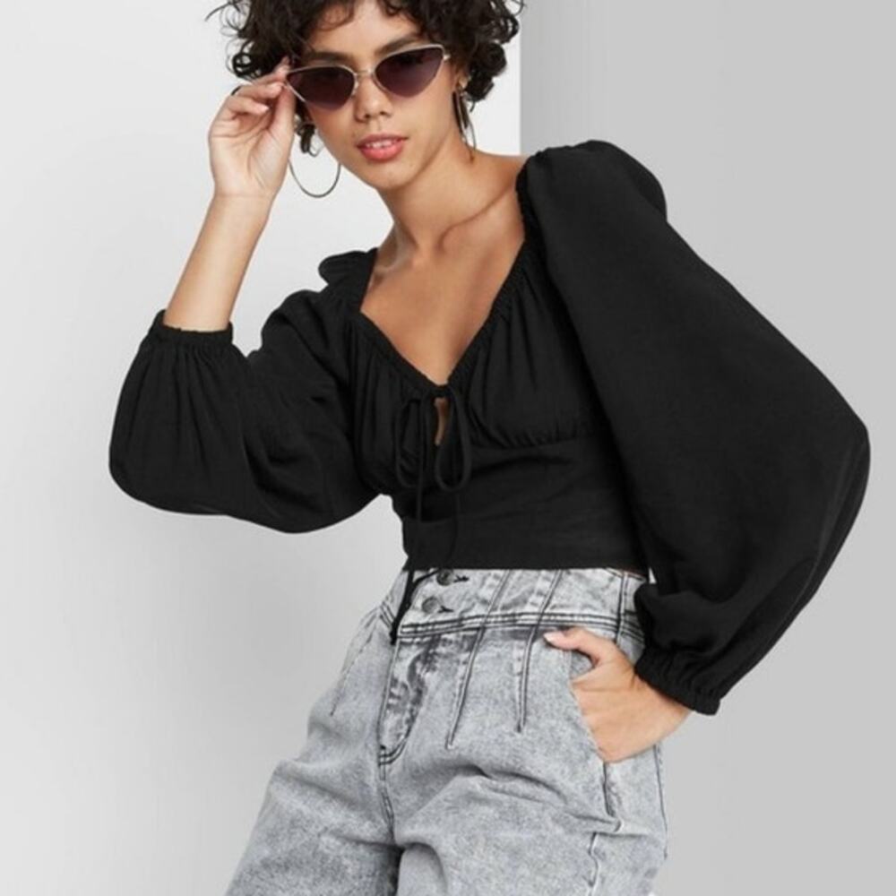 Wild Fable Black Puff Long Sleeve Tie Front Blouse